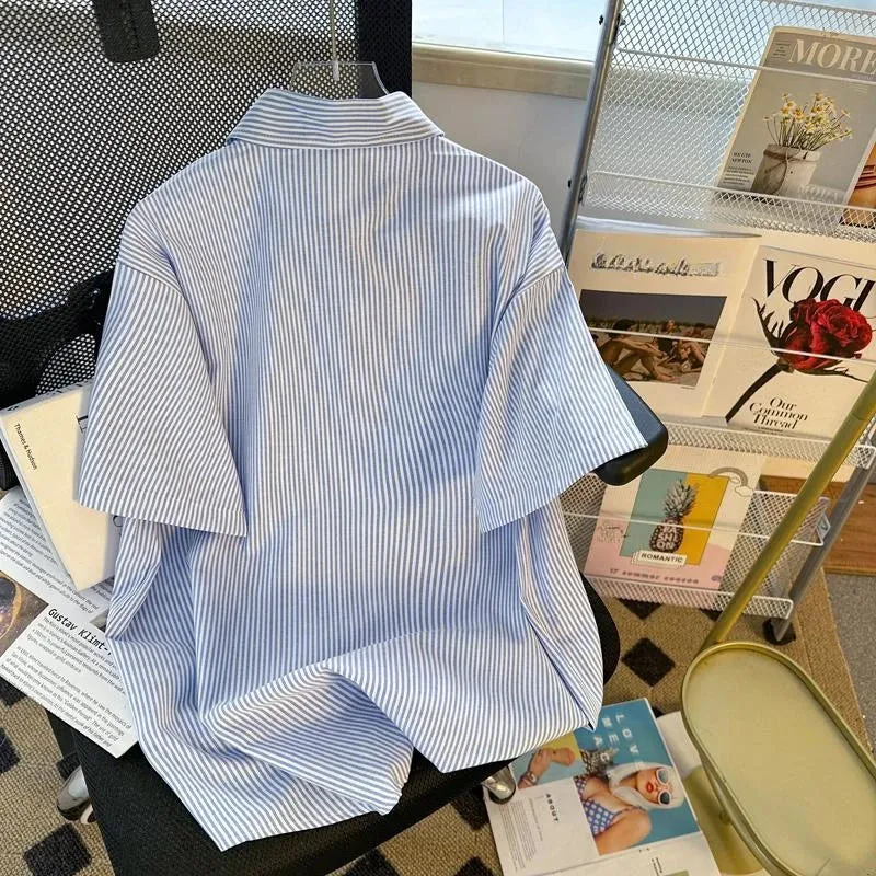 Blue Stripe Short Sleeved Shirt Summer Loose Women's Korean Edition Blouse Simple Versatile Polo Collar Cardigan Blusas